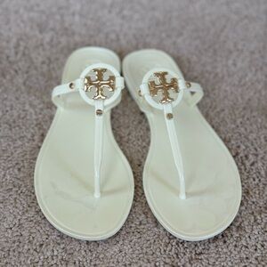 Tory Burch White and Gold Sandals with Iconic Logo
